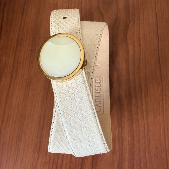Vtg Carlisle White Snakeskin Textured Leather Belt Gold Buckle Sz M Statement main image 14